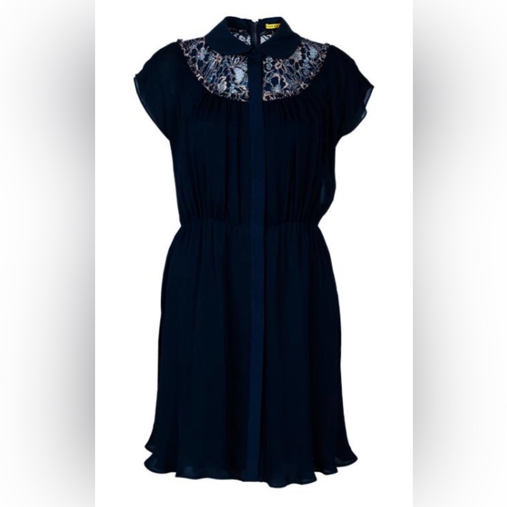 Alice & Olivia 100% Silk Emma Elegant Navy Blue Lace Dress size Small